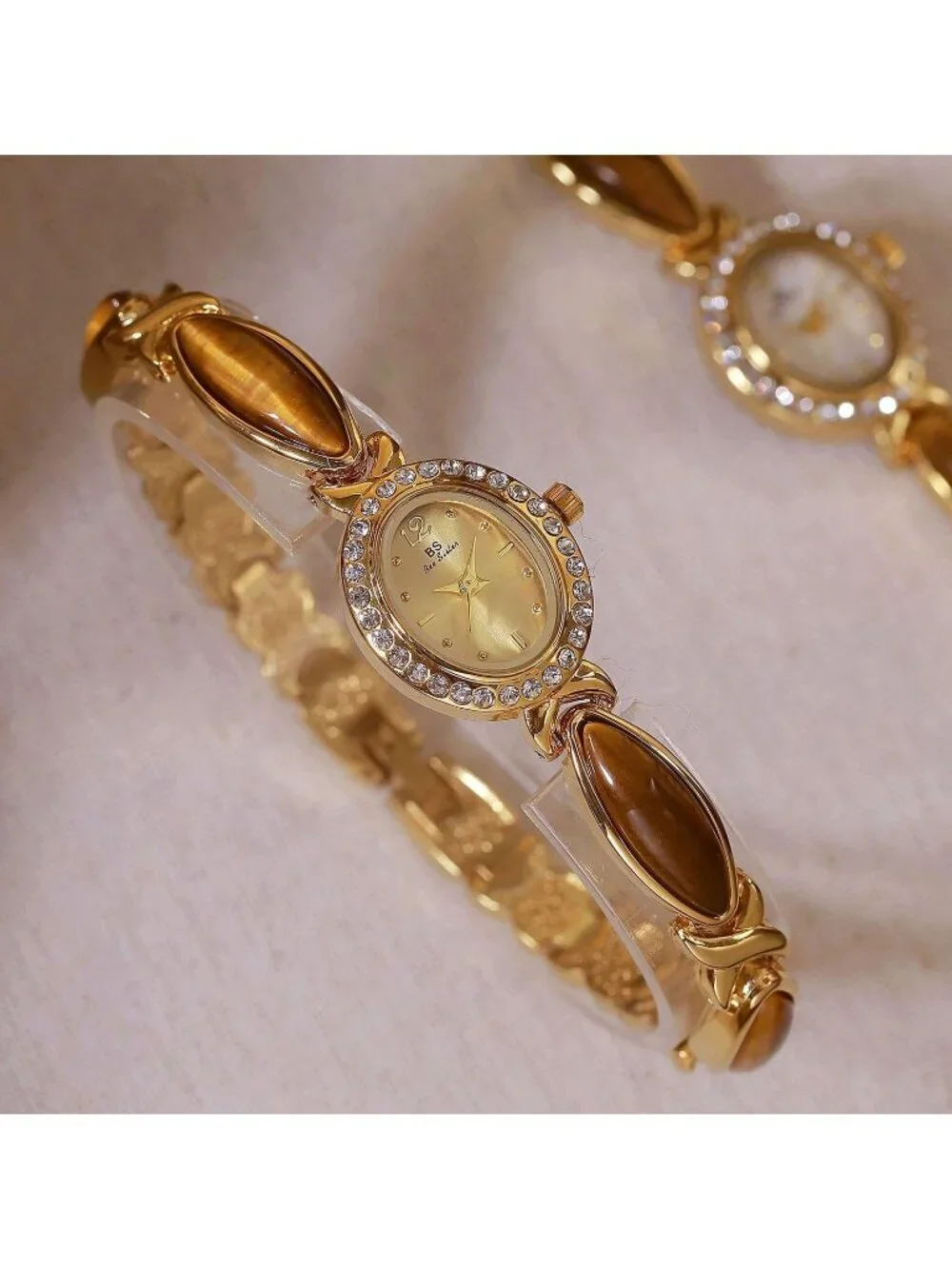 Women Diamond Brown Gold Analog Quartz Oval Dainty Vintage Bracelet Luxury Watch